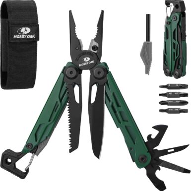 MOSSY OAK 27-in-1 CNC-Machined Multitool Pliers, Self-Locking | Stainless Steel Multitool with Pocket Knife, Fire Starter, Whistle, Bottle Opener & Screwdriver for Camping and Hiking