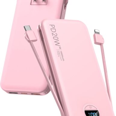 citicr Portable Charger 10000mAh PD20W w/Built-in Cables & Wall Plug Pink | Fast charging, Built-in wall plug, LED display, Charge 5 devices at once, Pass through charging, TSA approved, Pocket size